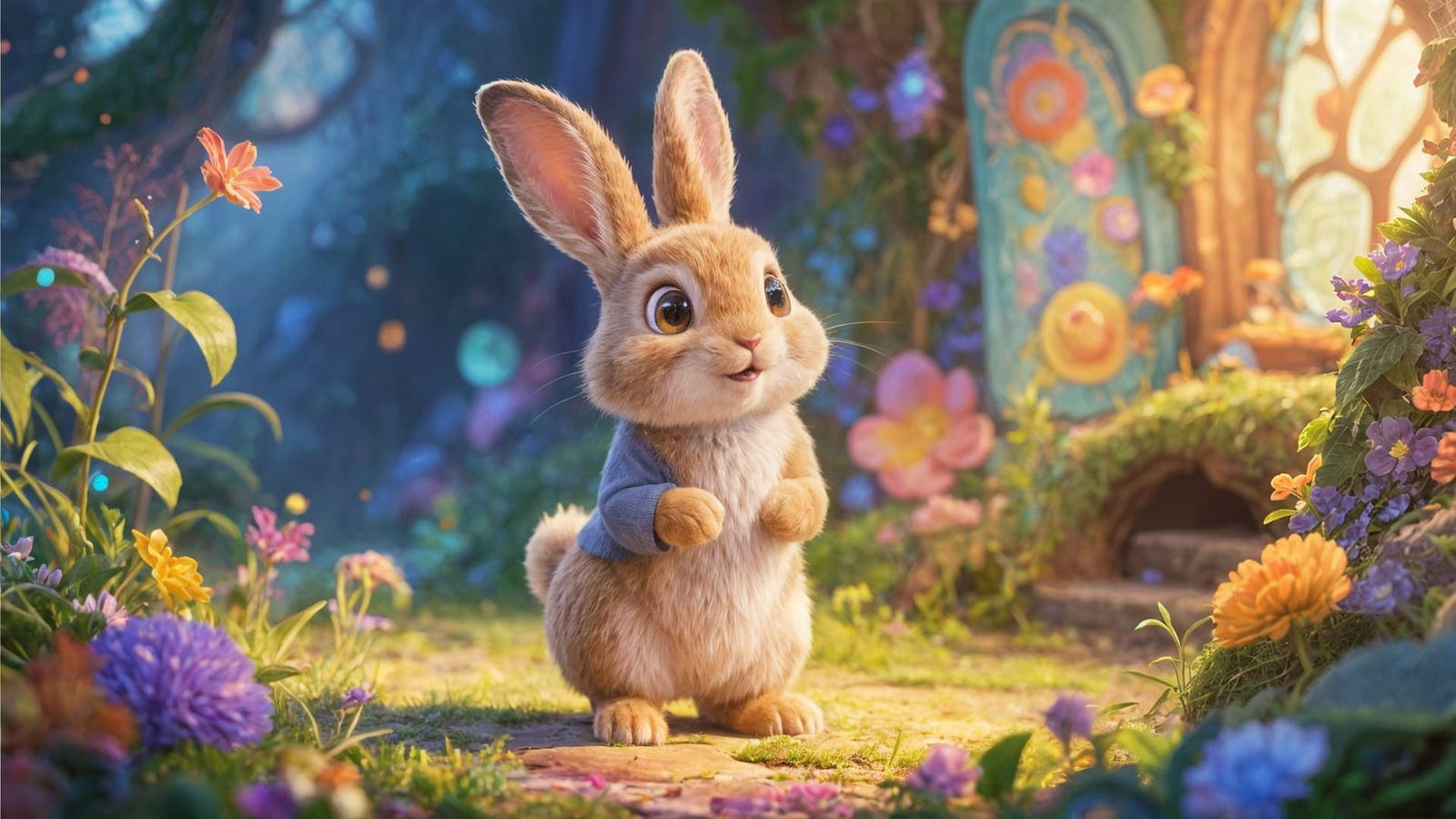 Charming Whimsical Rabbit Hero in Magical Storybook Setting