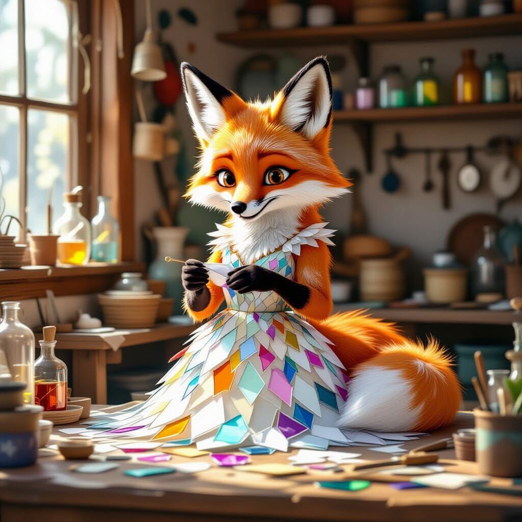 Anthropomorphic Fox Crafts Glass Dress in Whimsical Workshop