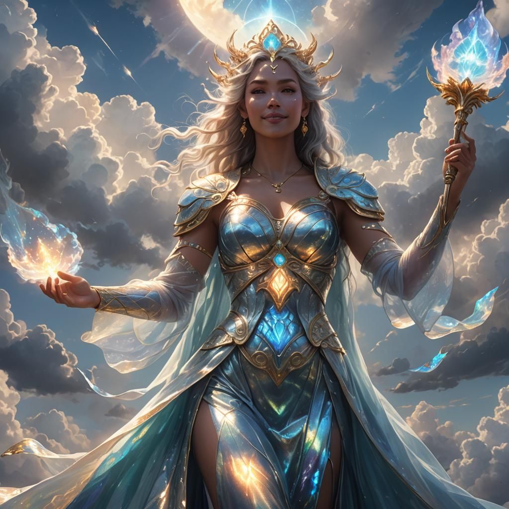 Cloud Goddess with Iridescent Eye in Metallic Gown
