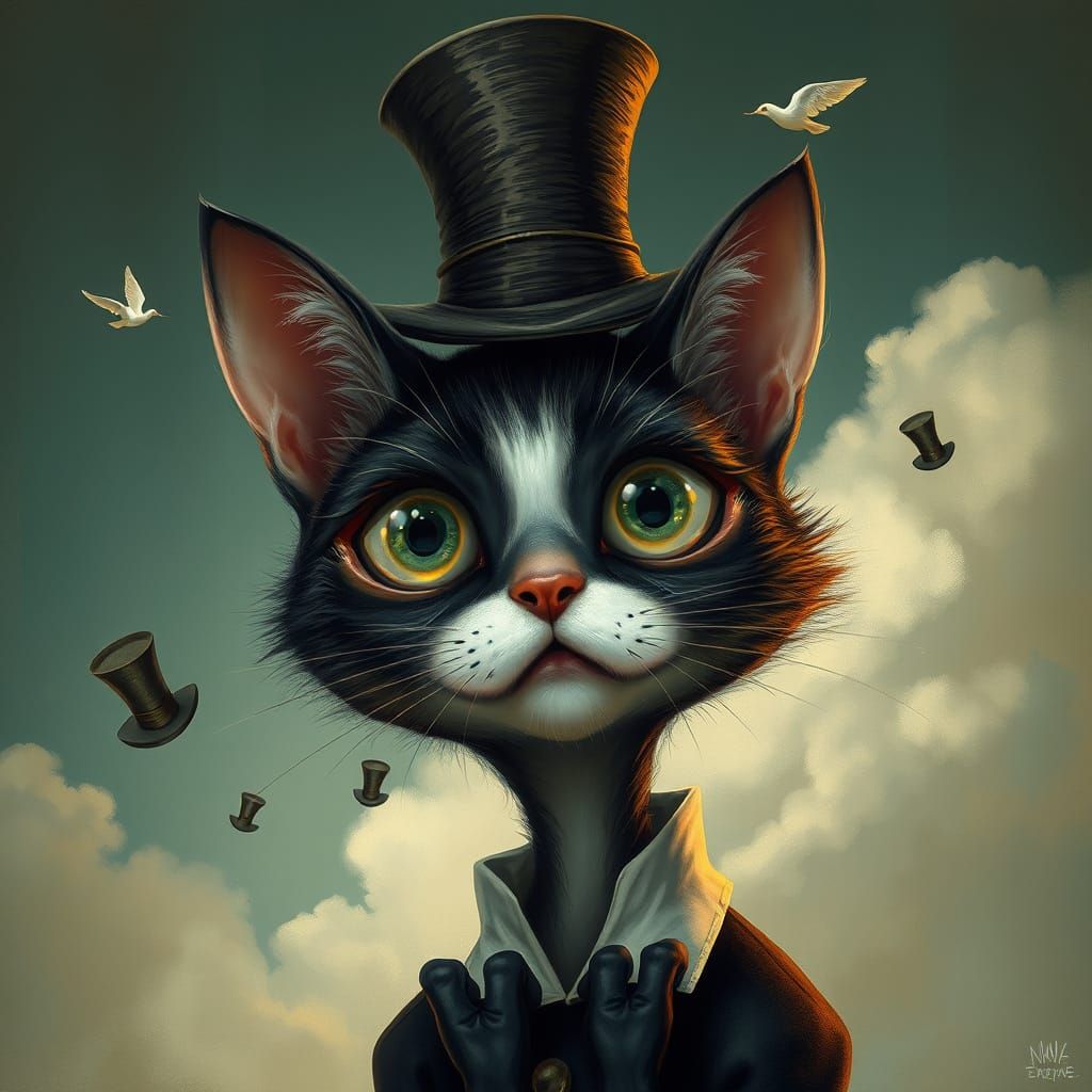 Whimsical Cat Wears Gravity-Defying Hats in the Sky
