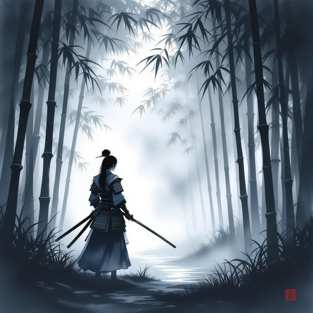 Female Samurai in Misty Bamboo Forest, Sumi-e Style