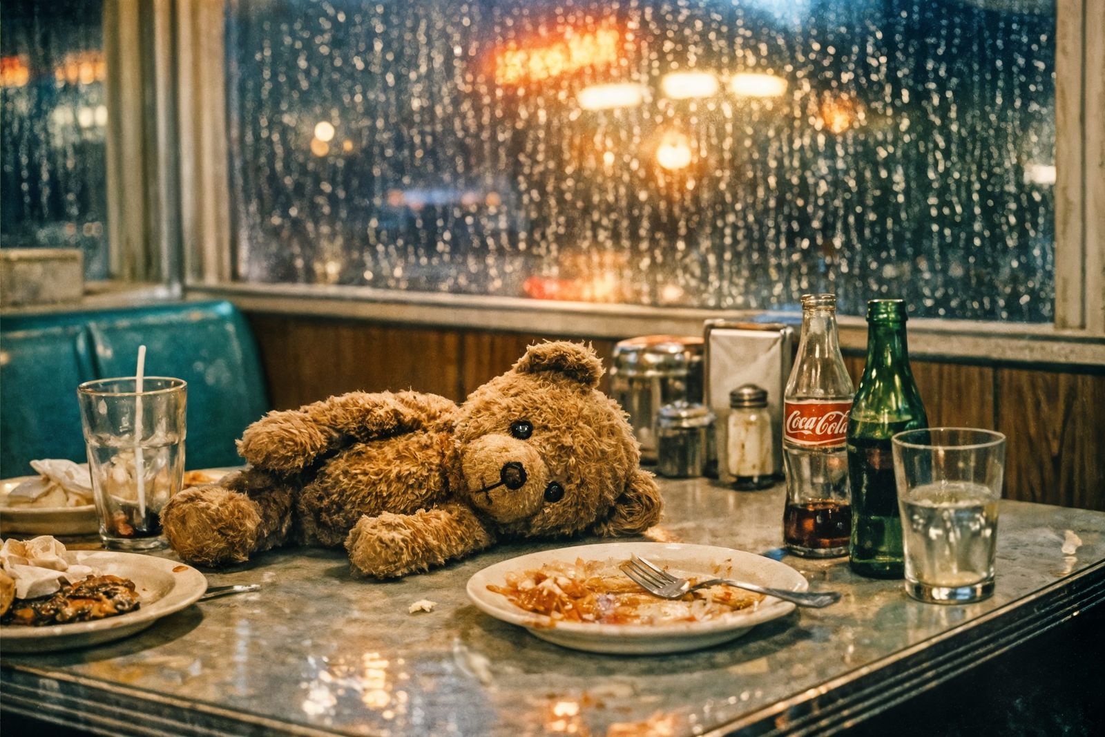 Nostalgic Teddy Bear in Retro Diner Scene