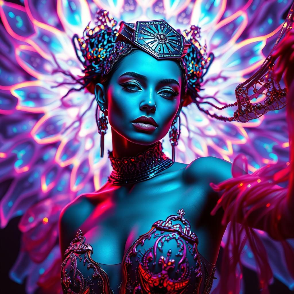Ethereal Model in Avant-Garde Neon Fractal Fashion
