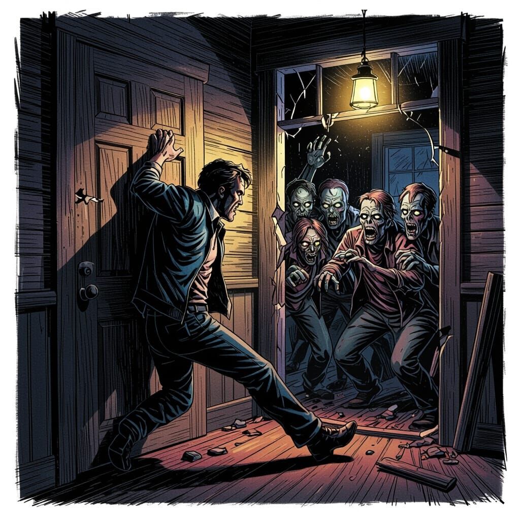 Dramatic Pencil Sketch of Man Against Zombie Horde