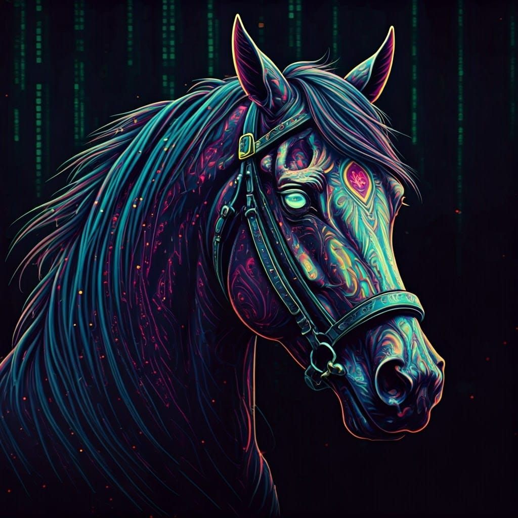 Cyberdelic Horse in Neon Matrix Code