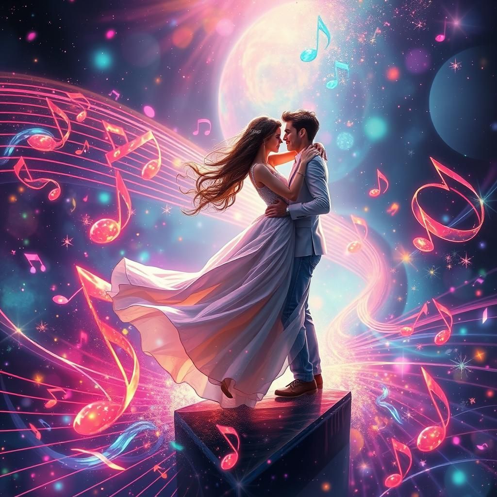 Romantic Couple Dancing on Stave in Cosmic Style