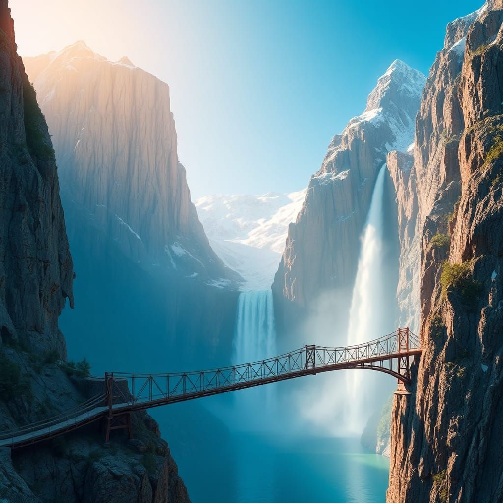 Majestic Waterfall and Bridge in Detailed 3D Rendering