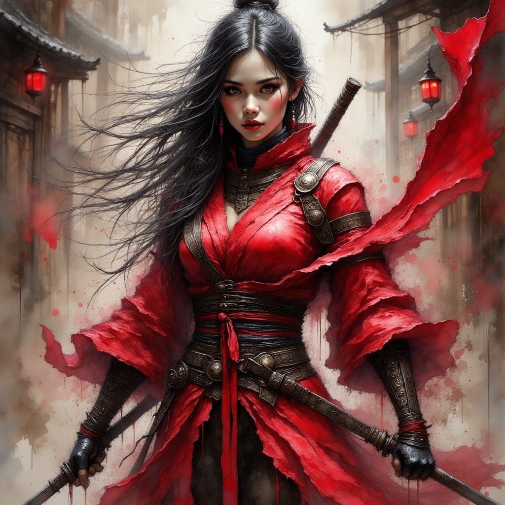 Mythic Ninja Warrior in Red, Dark Fantasy Art