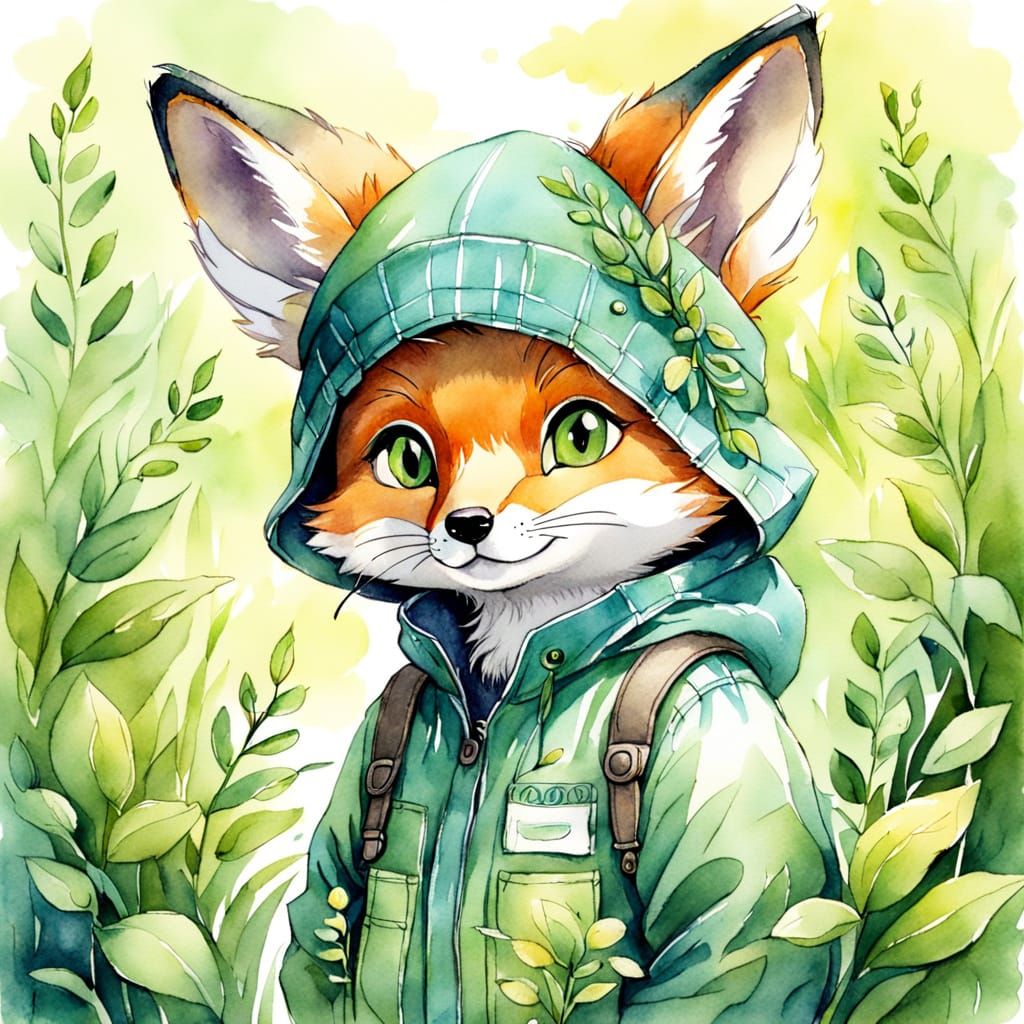 Whimsical Watercolor Fox Cub in Gardening Delight