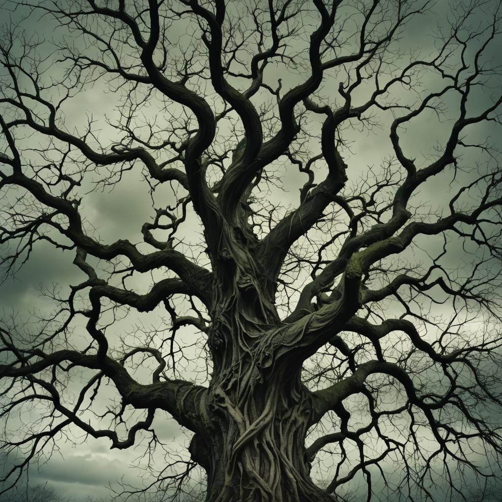 Dark Elm Tree with Twisted Branches and Eerie Sunlight