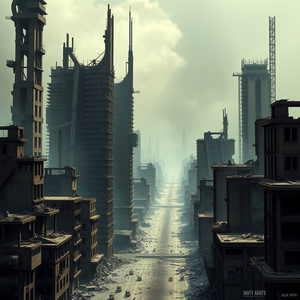 Dystopian Cityscape: Ruined Skyscrapers in Bleak Future
