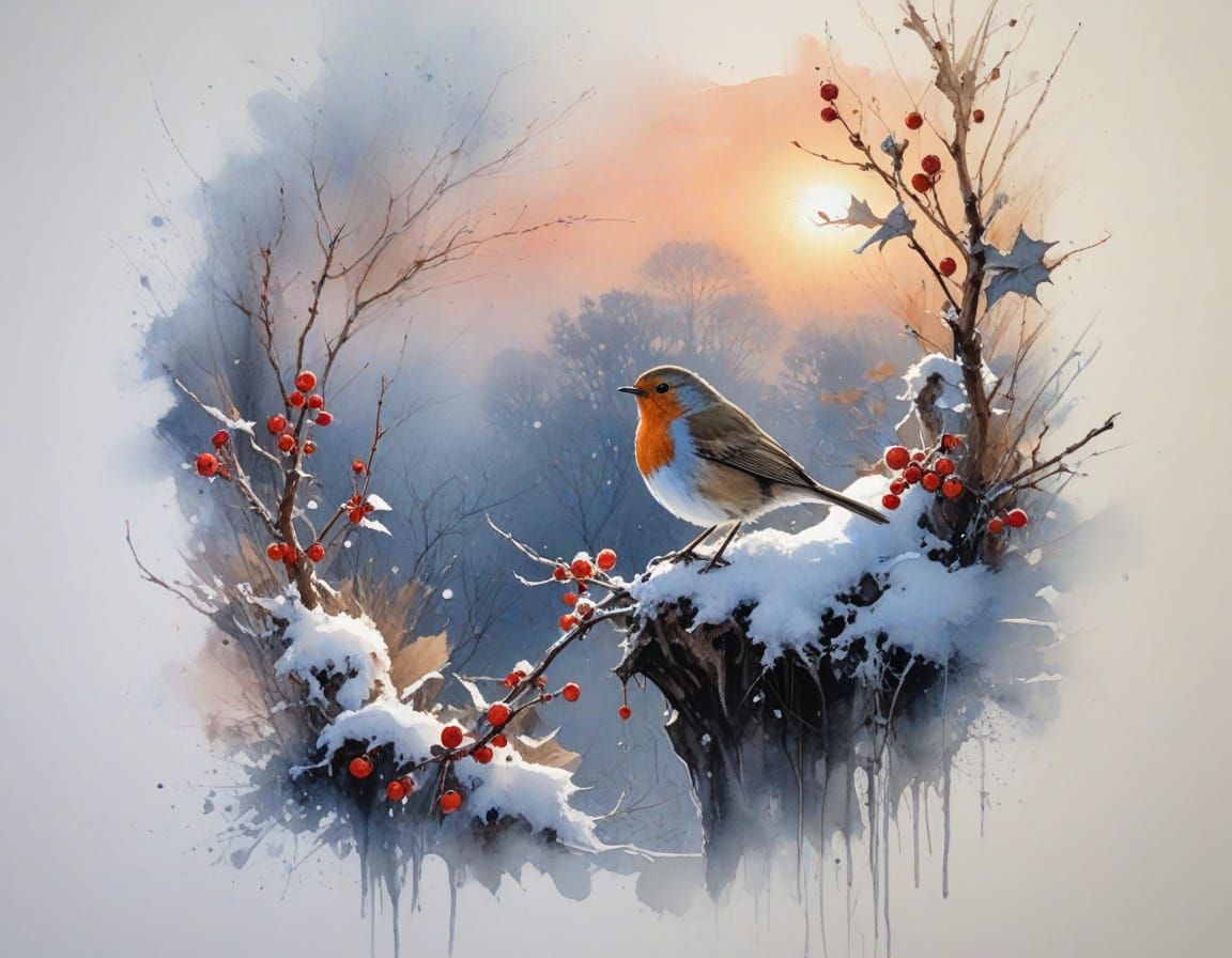 Robin Singing on Snowy Branch in Winter Twilight