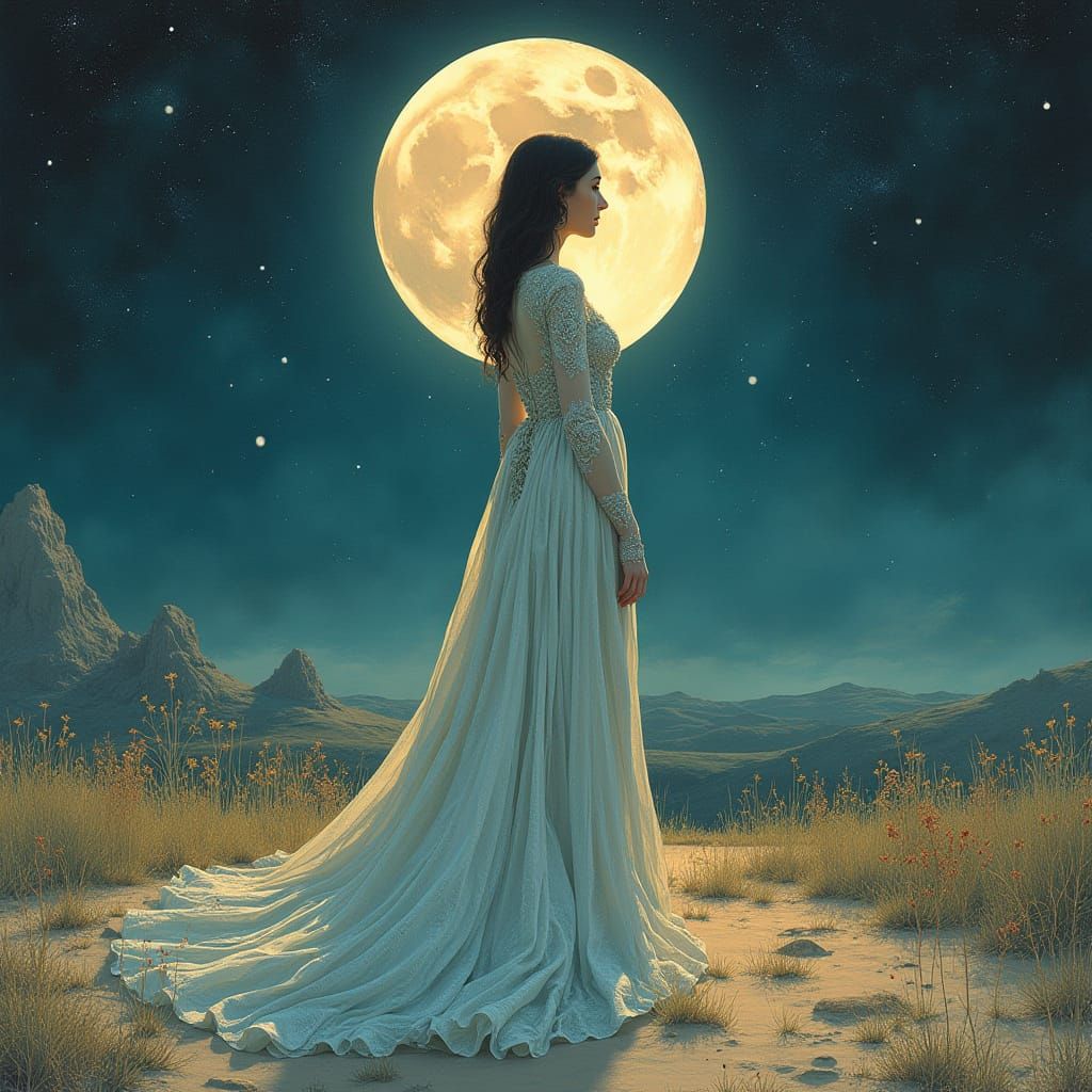 Lunar Woman in Silver Gown, Art Nouveau Style