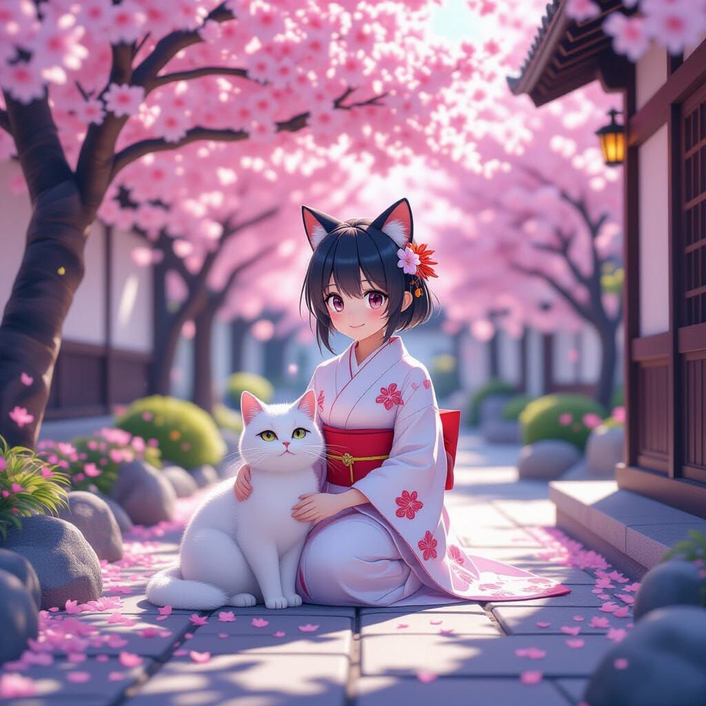 Labubu and White Cat in Cherry Blossom Courtyard