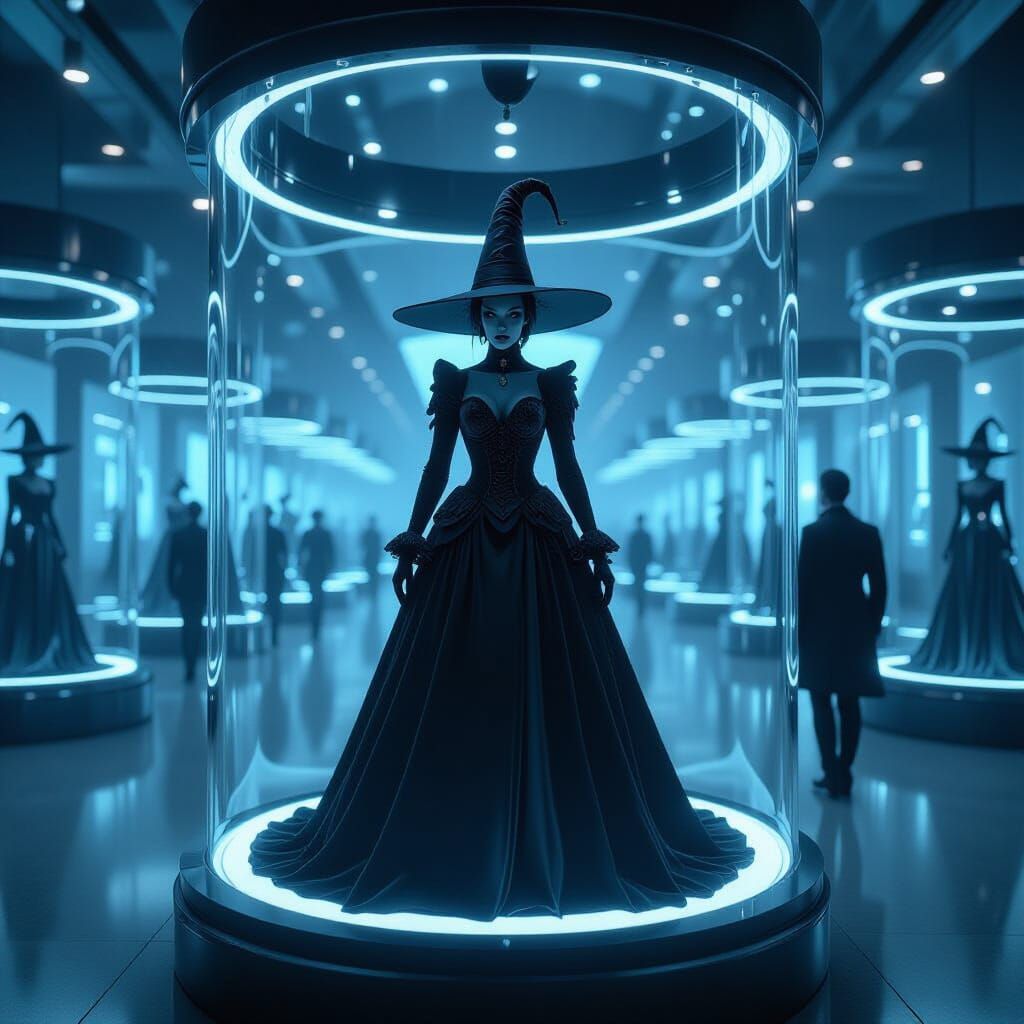 Futuristic Museum Display: Decayed Witch and Roses