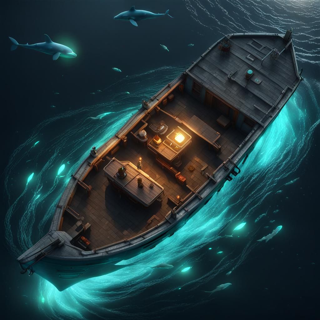 Bioluminescent Whale Beneath Fishing Boat: 3D Render