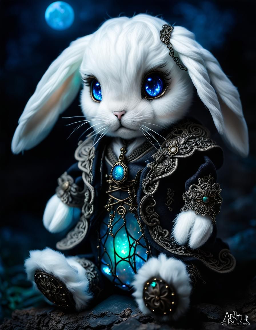 Chibi Ragdoll Bunny with Opal Eyes in Moonlight