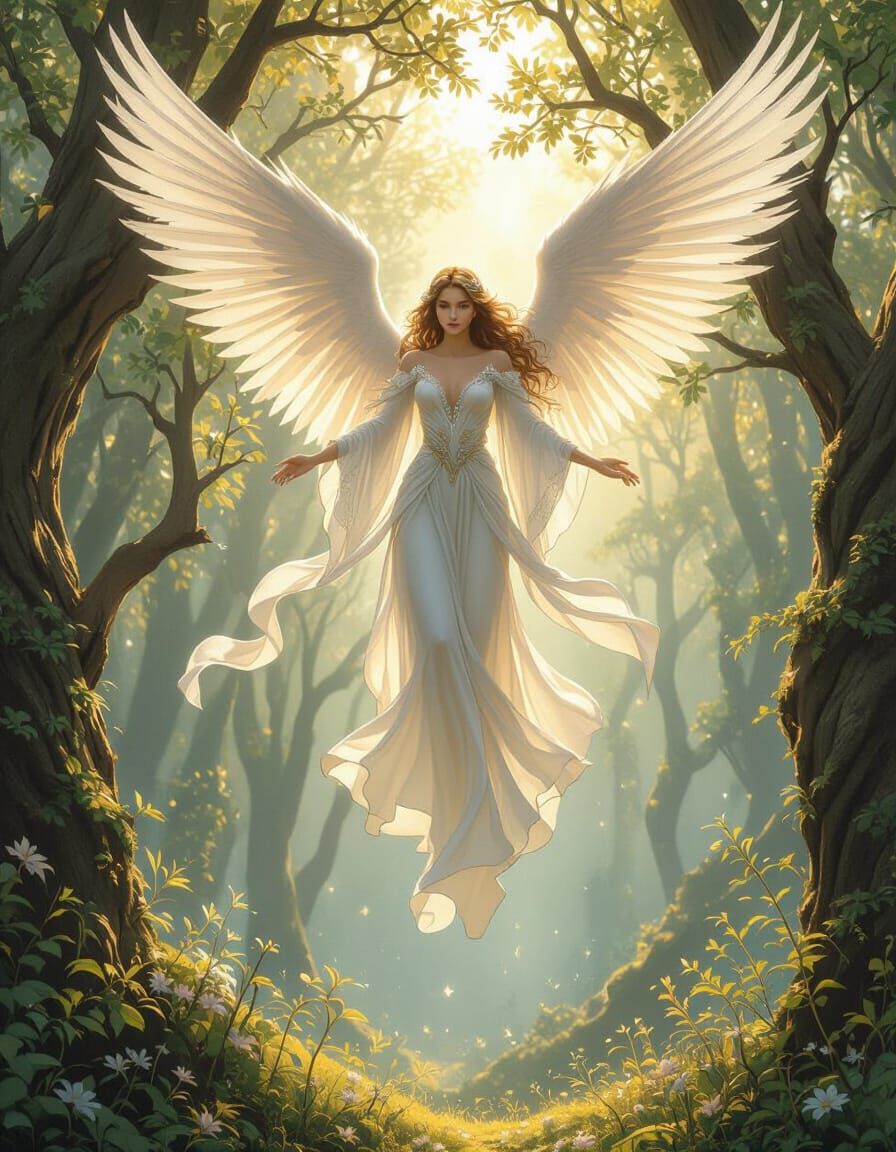 Ethereal Angel in Enchanted Forest Clearing