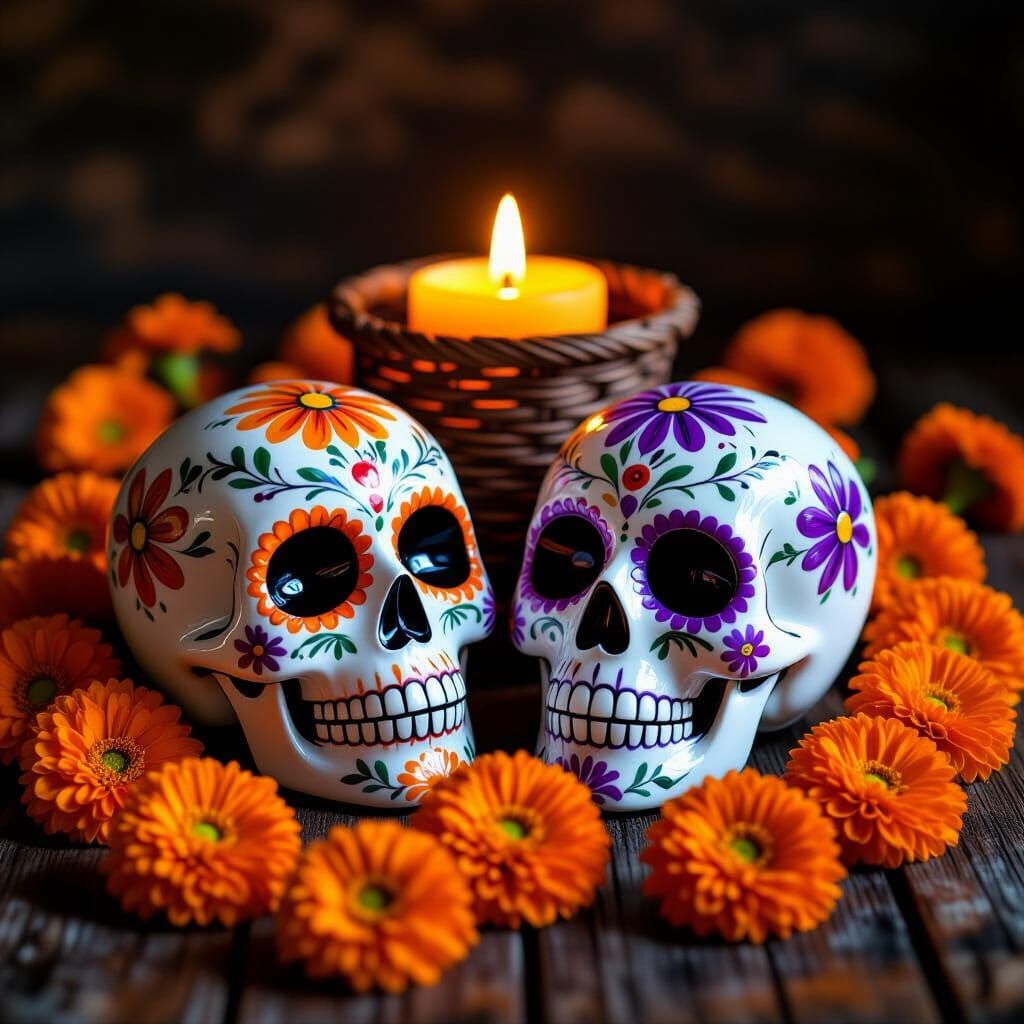 Decorated Sugar Skulls with Marigolds and Candle