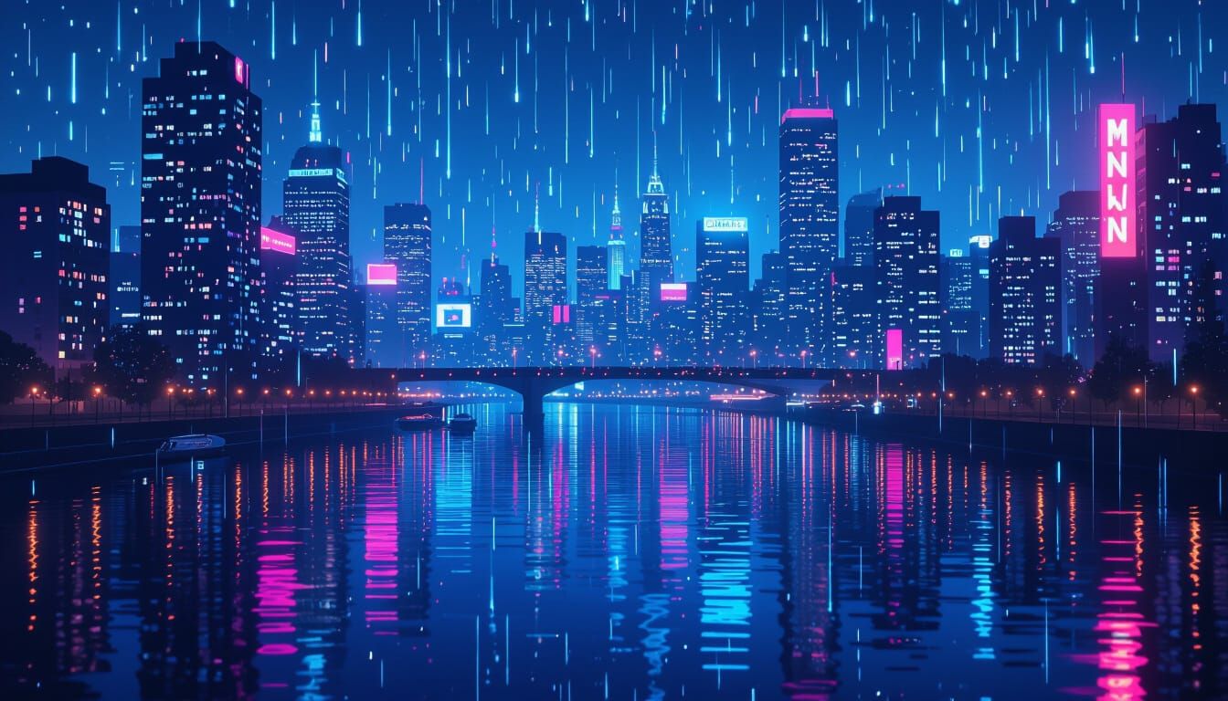 Neon Cityscape at Night with River Reflections