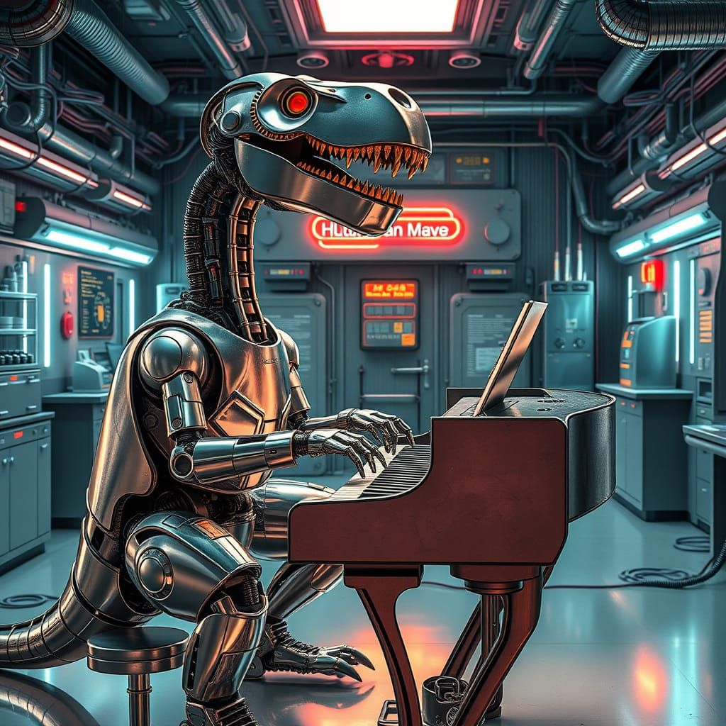 Cyberpunk Dinosaur Robot Plays Shiny Piano in Futuristic Lab