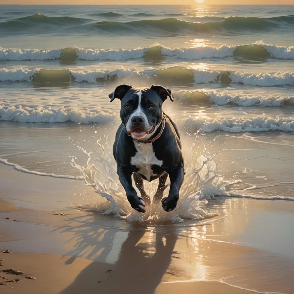 Pitbull on Beach in Ethereal Fantasy Realism Style