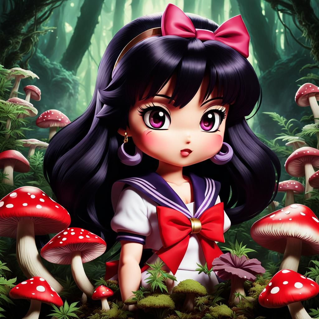 Chibi Sailor Mars Surrounded by Mushrooms and Weed