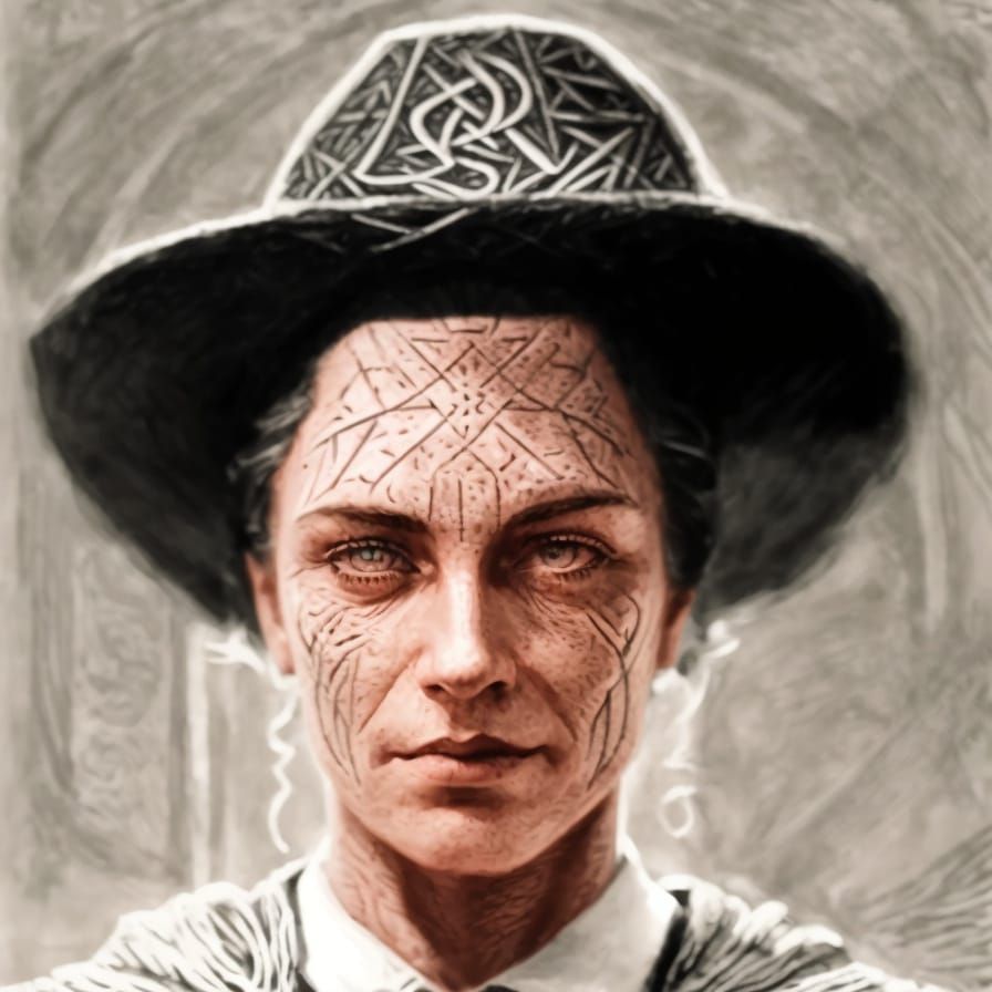 Scratchboard Etching of Figure Before Rune-Covered Structure