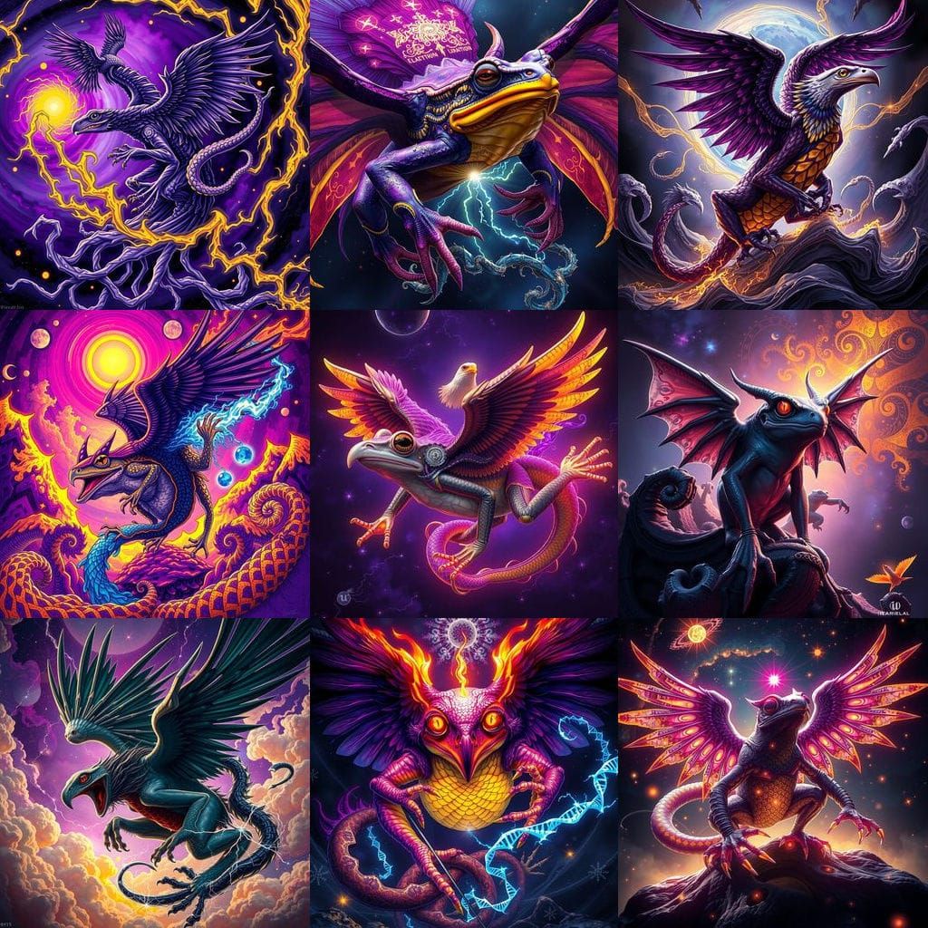 Dark Fantasy Hybrid Creature: Devil Frog, Eagle, and Electri...
