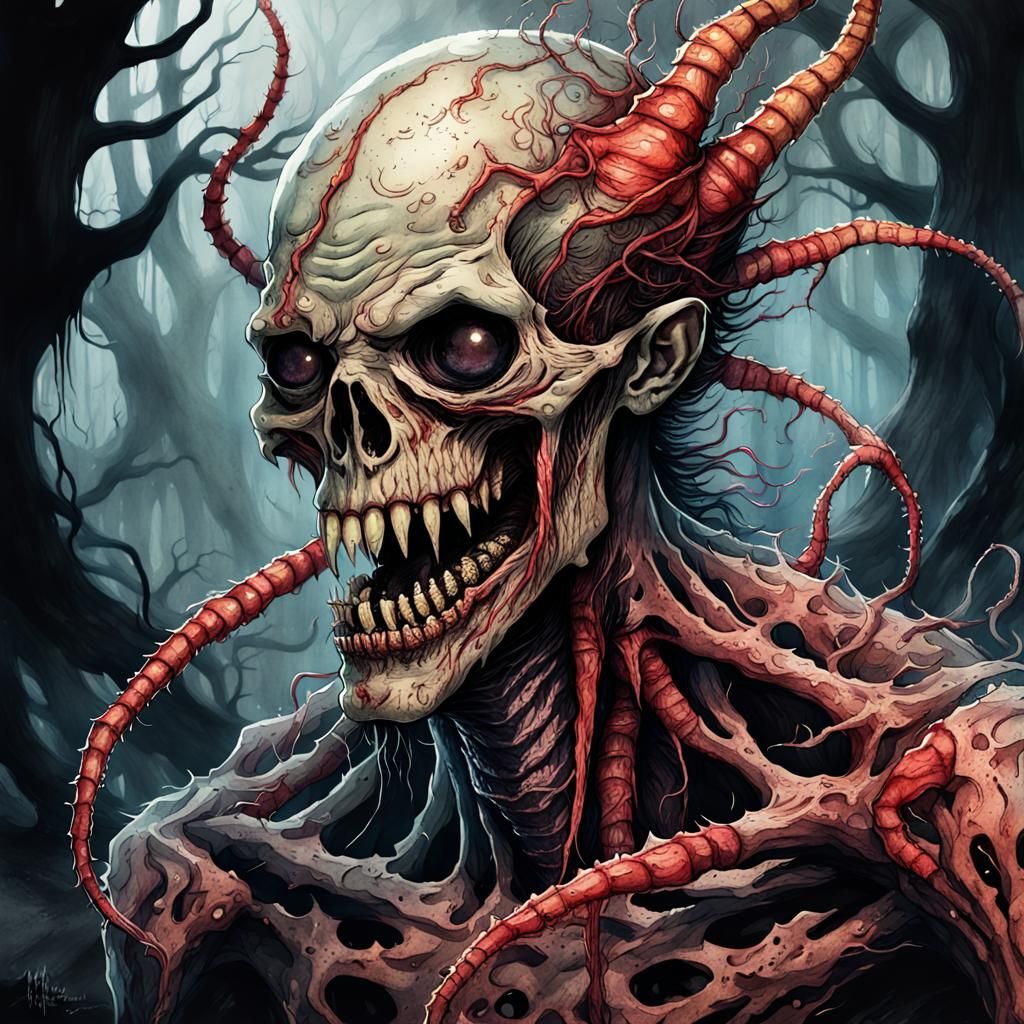 Macabre Cordyceps Zombie Aberration in Dark Fantasy Watercol...