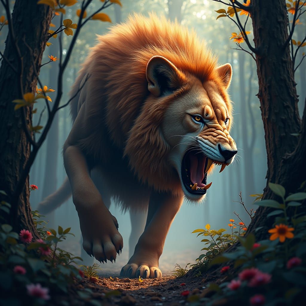 Enraged Wolf-Lion Hybrid Portrait in Dark Forest