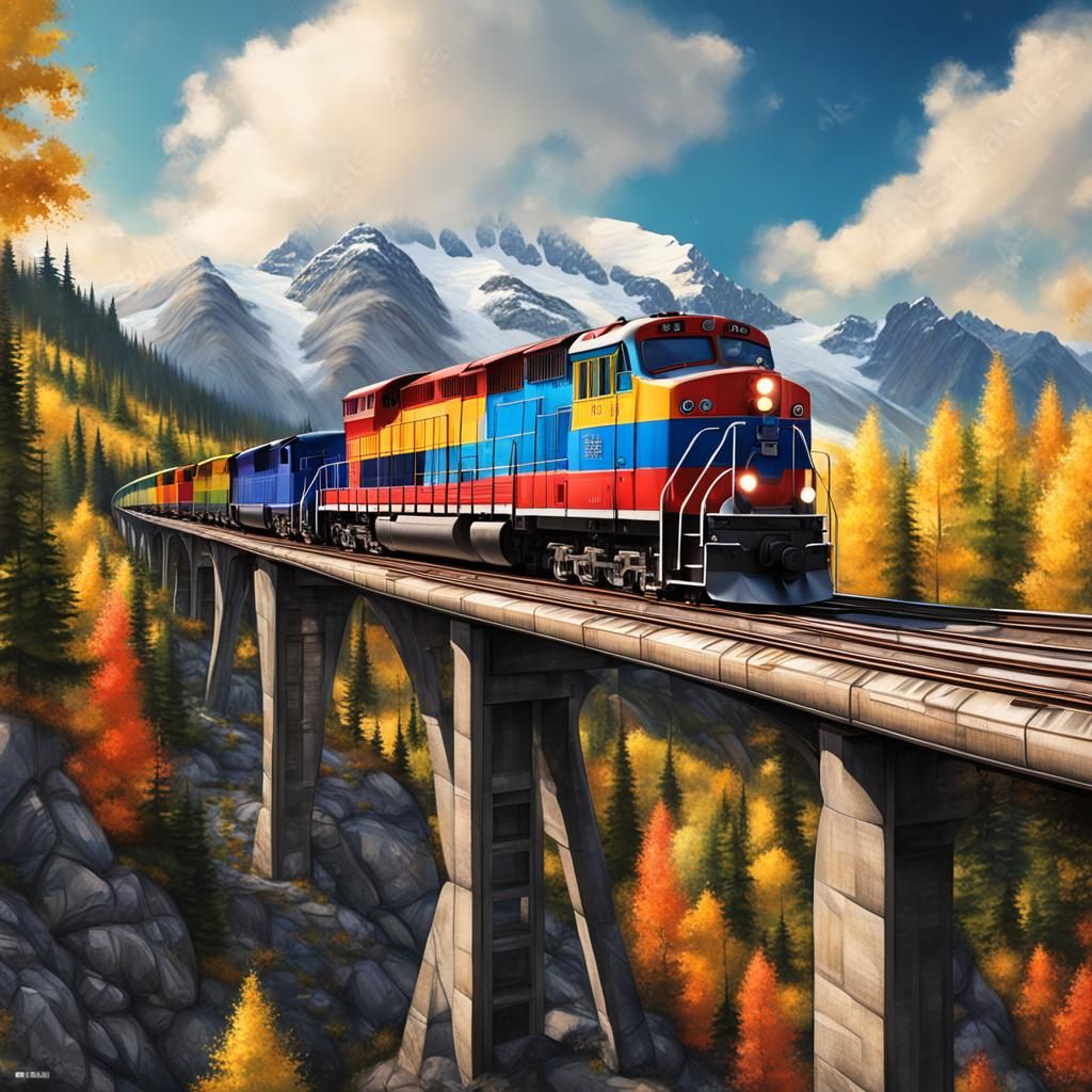Train on an elevated bridge in the mountains of western Canada.