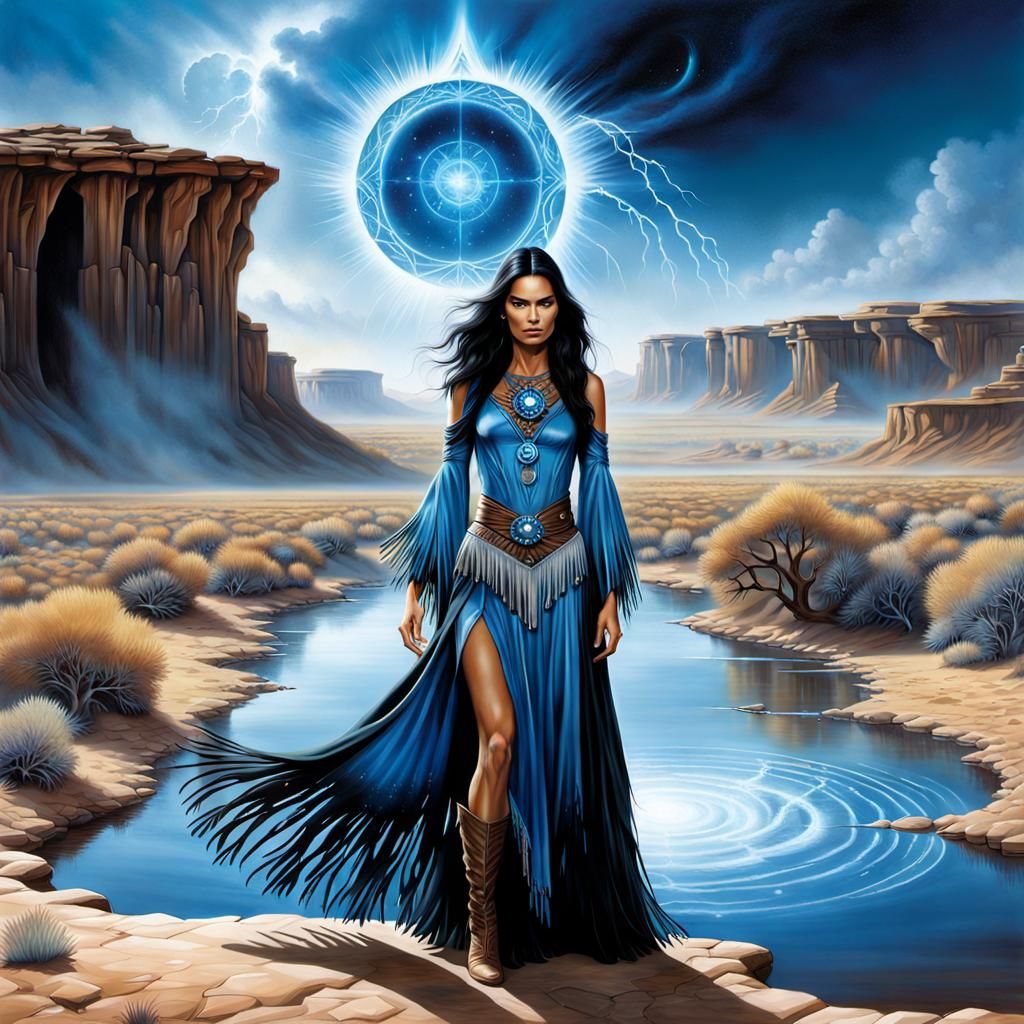 Black-Haired Sorceress Casting Magic in the Plains