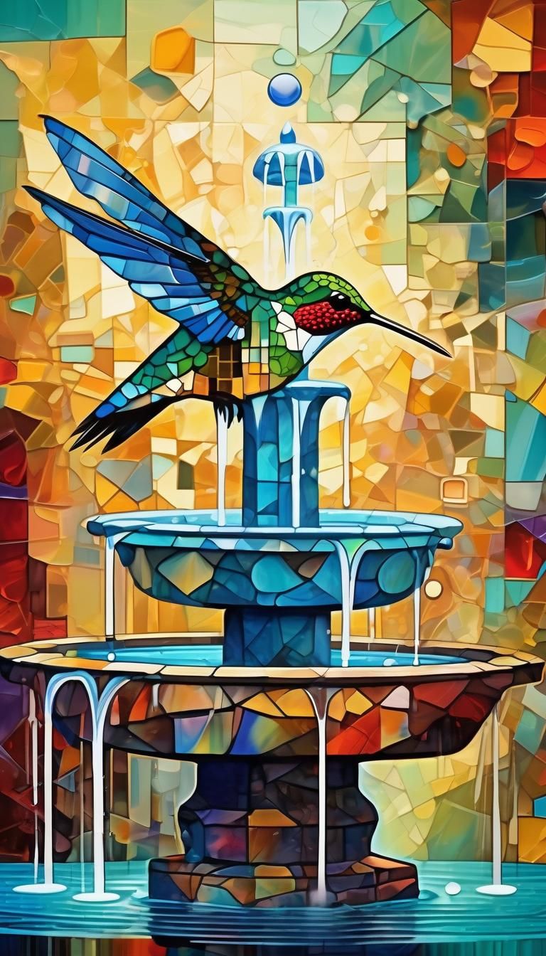 Hummingbird and Fountain in Cubist Alcohol Ink Style