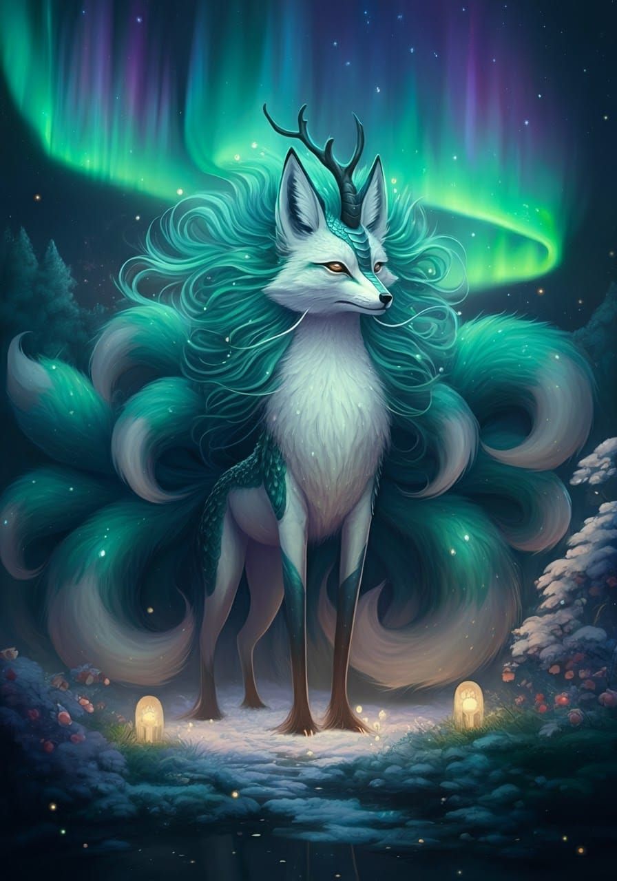 Mystical Aurora Kirin in Dreamlike Landscape
