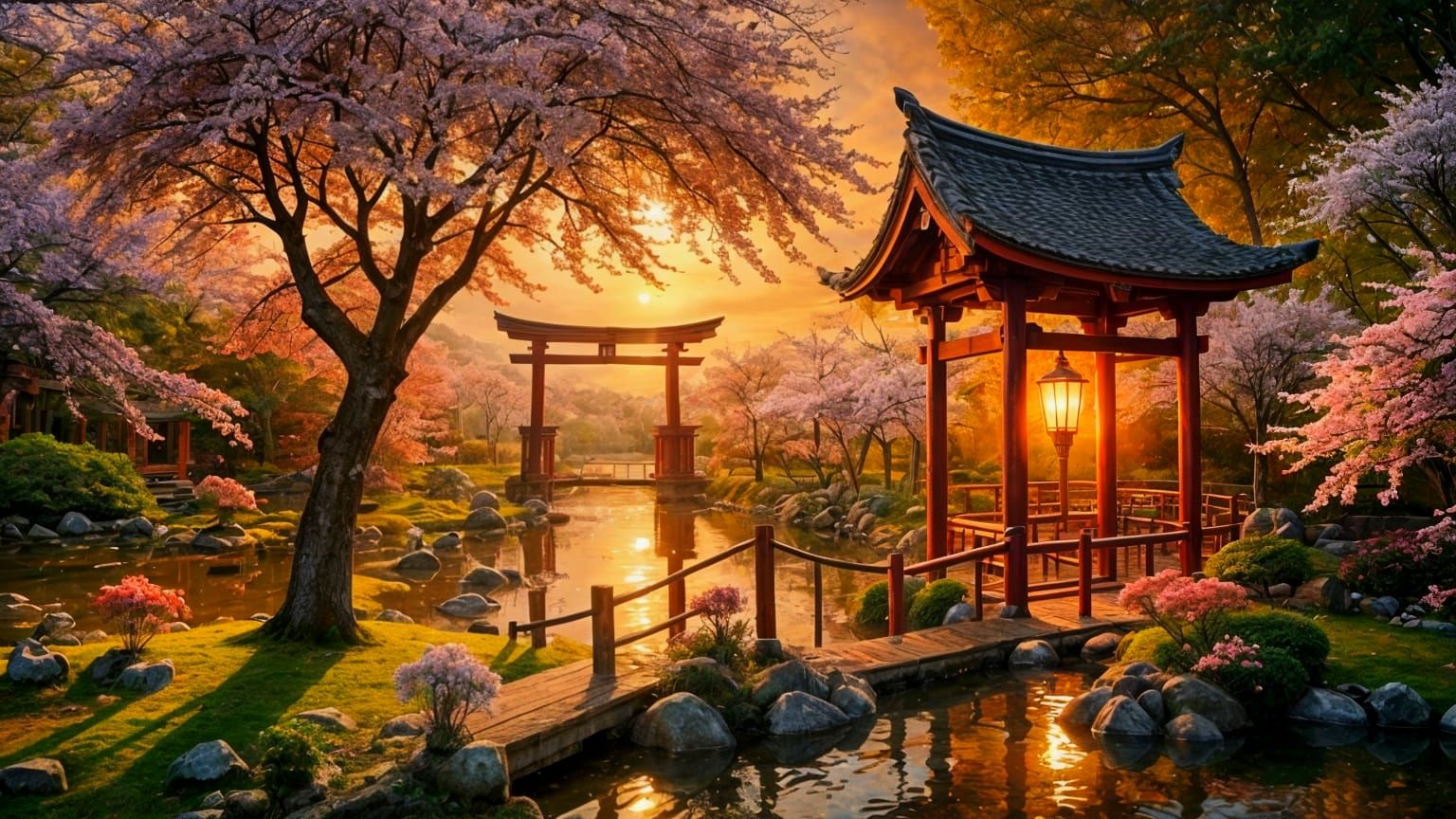Tranquil Japanese Garden at Sunset with Torii Gate