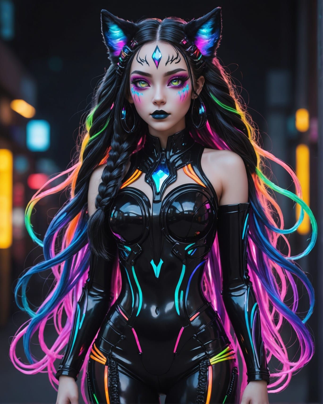 Neon Wolf-Cat Girl with Crystalline Skin