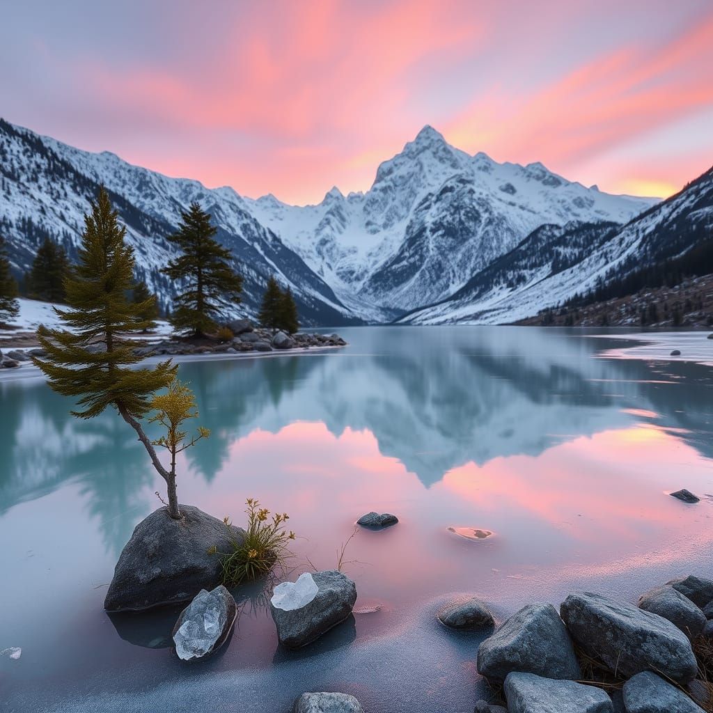 Himalayan Pond Reflects Sunset in Mountain Landscape
