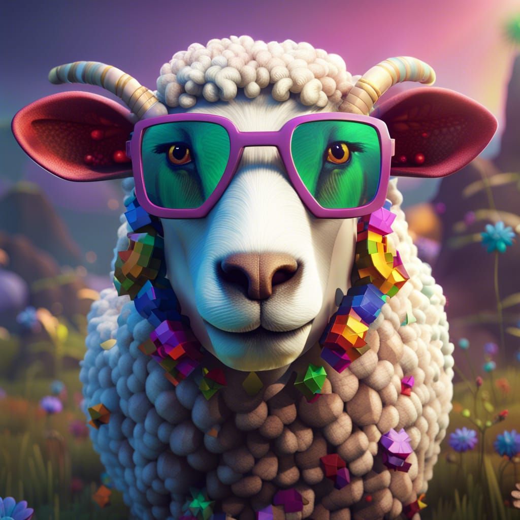 Pixelated Glasses Sheep in Detailed Fantasy Art