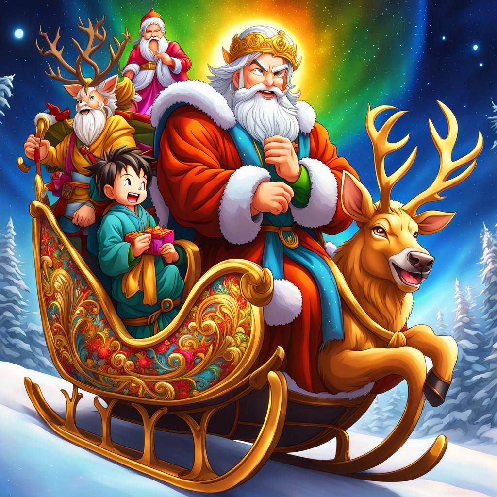 Son Goku, Jesus, and Santa in Reindeer Sleigh
