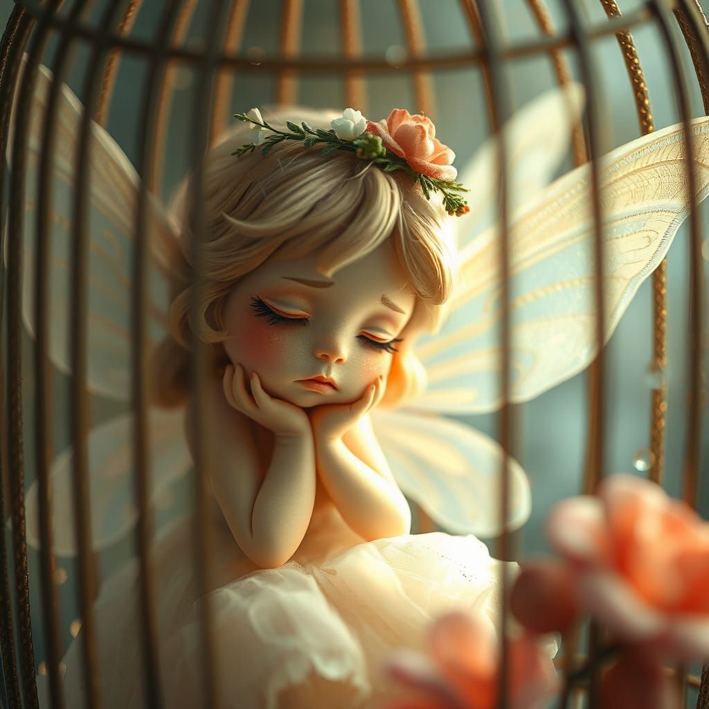 Sad Fairy in Birdcage, Ethereal Fantasy Art