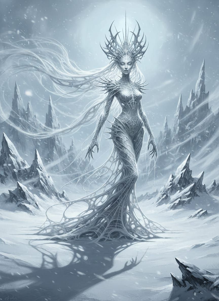 Web-Woven Bride in Icy Fantasy Landscape