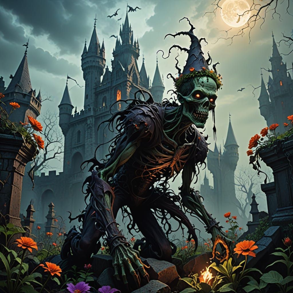 Zombie Gardener in Gothic Hellscape, Dark Fantasy Art