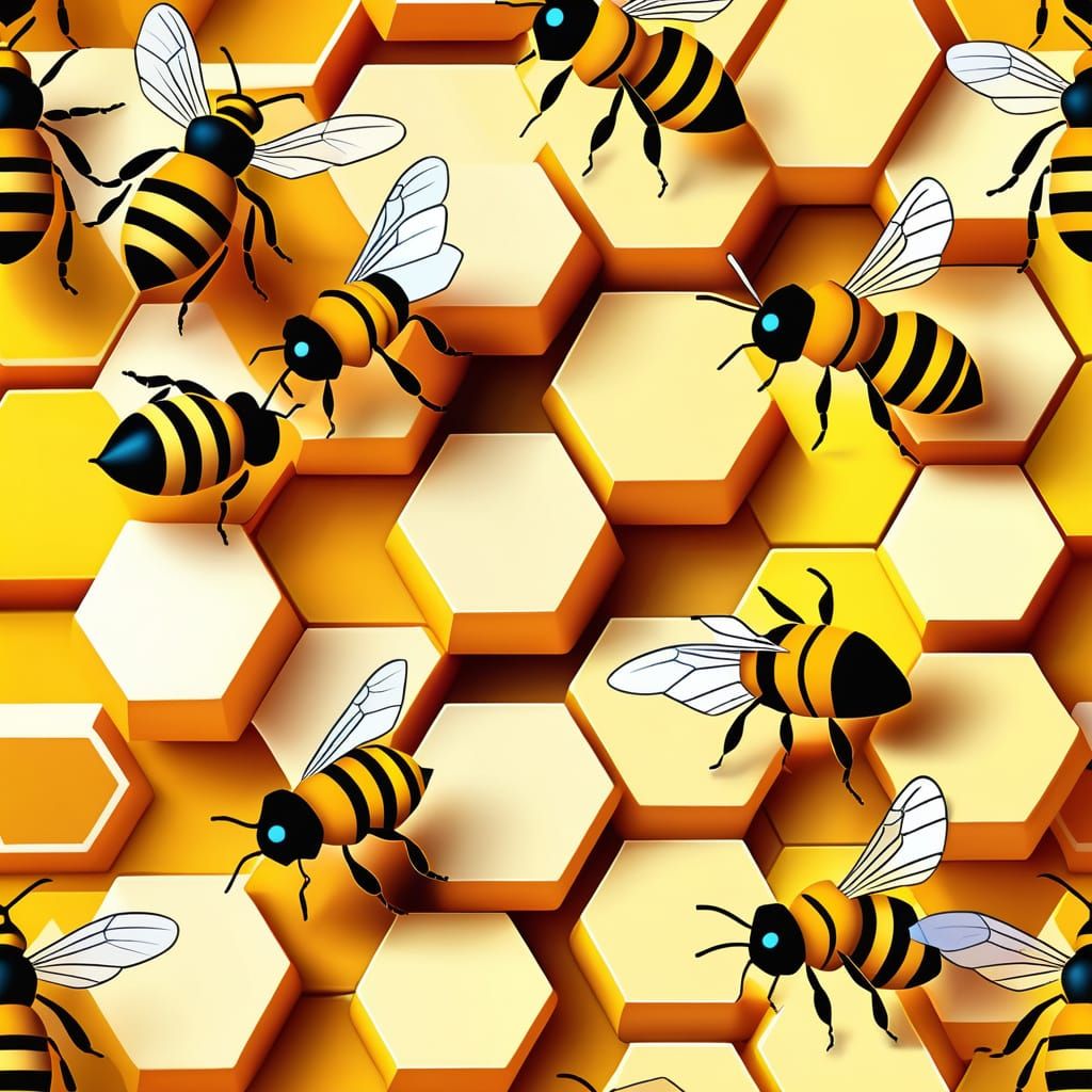 Bee and Hexagonal Hive in Low Poly Style