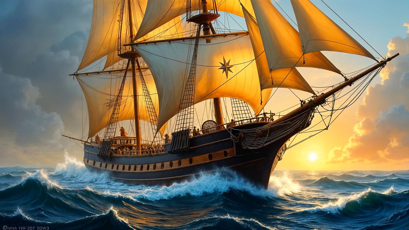 Raging Sea Vessel in Golden Sunset Glow