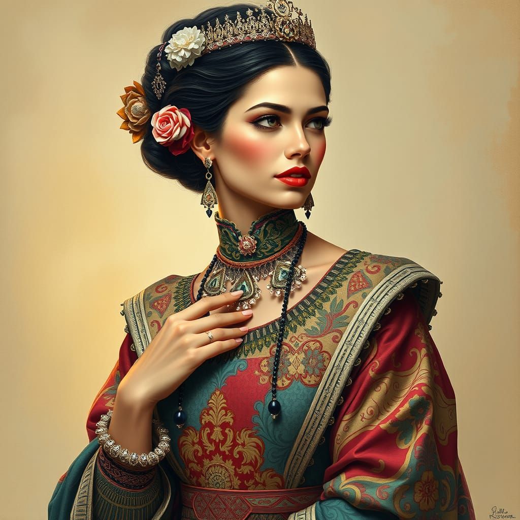 Elegant Woman in Ornate Gouache Painting