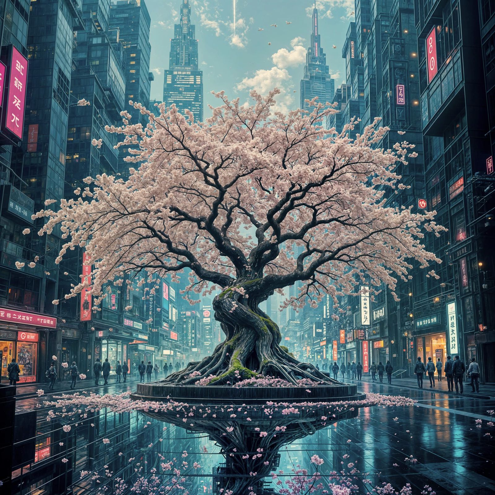 Sakura Tree in a Futuristic Biomechanical City