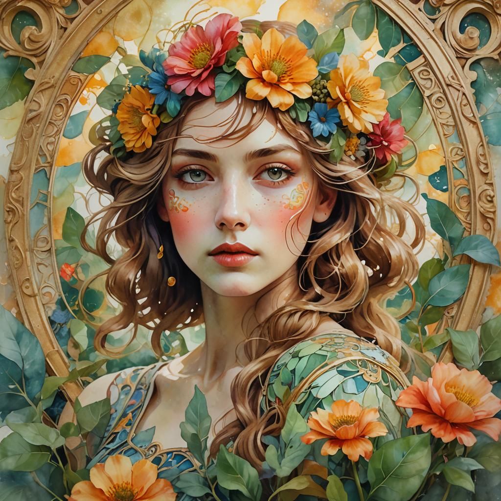 Floral Double Exposure Portrait in Art Nouveau Style