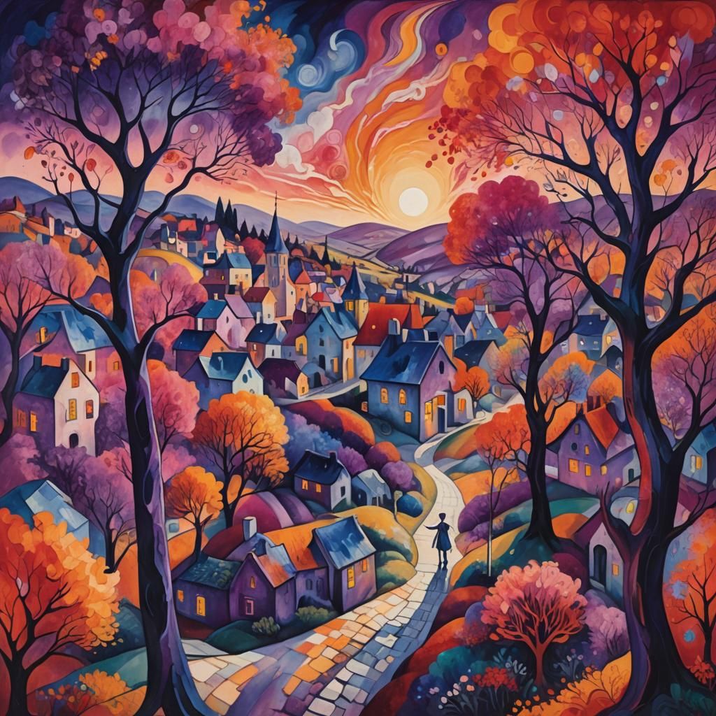 Chagall-Inspired Surreal Village in Dreamlike Colors