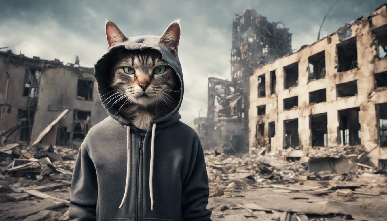 Hooded Cat in Post-Apocalyptic Ruins